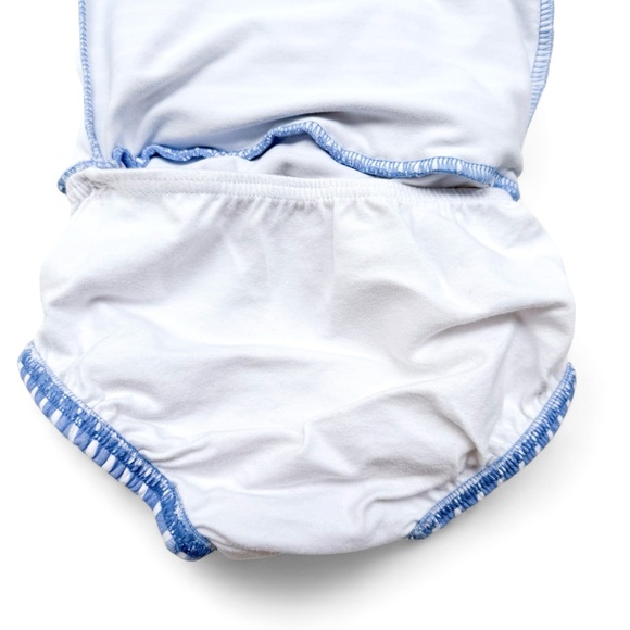 JoJo Maman Bebe Blue & White Striped Duck One-piece Swimsuit Baby Girls 6-12 Mos - Picture 9 of 13